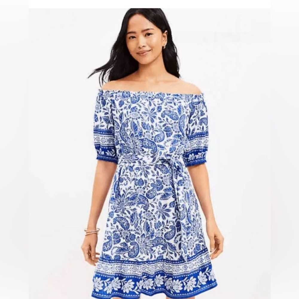 LOFT Blue and White Puff Sleeve Off Shoulder Dress
